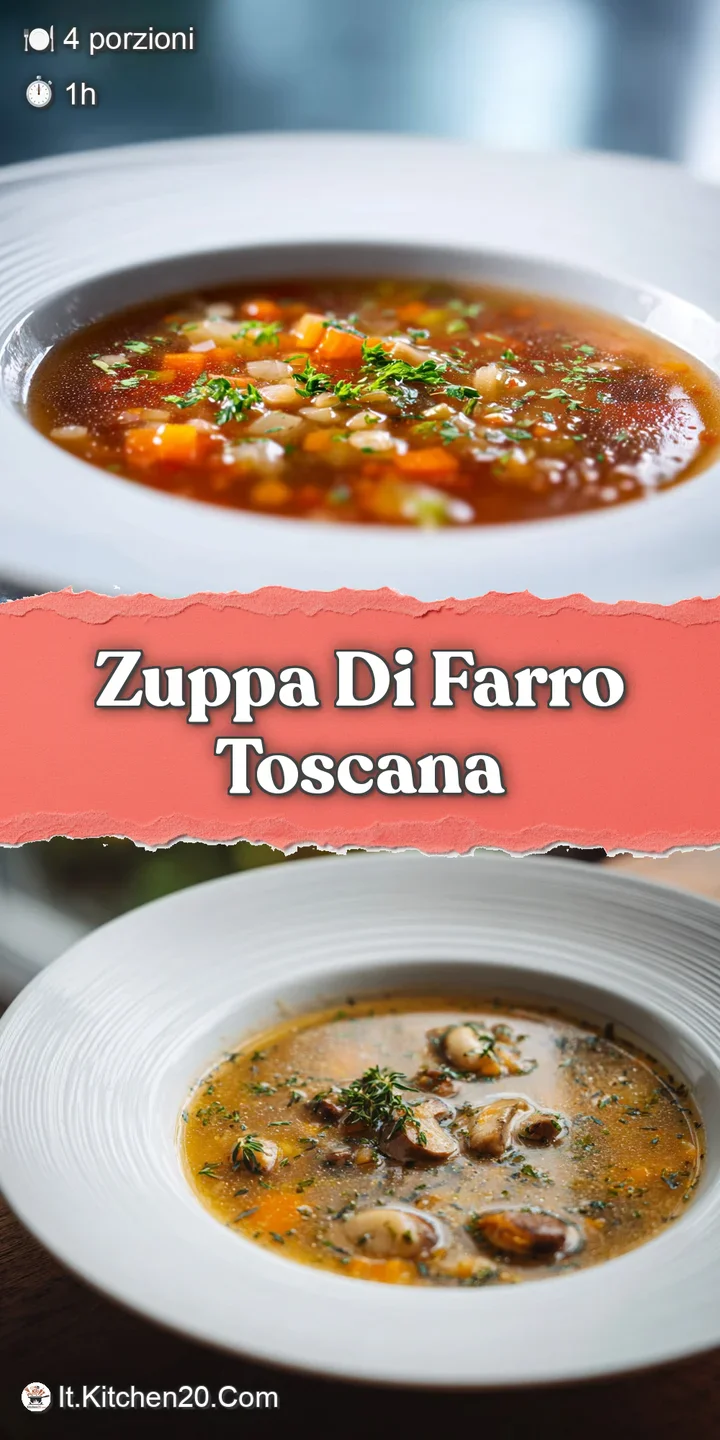 Close-up of steaming farro soup. Tender vegetables and plump grains create a warm, inviting texture, hinting at savory fla...