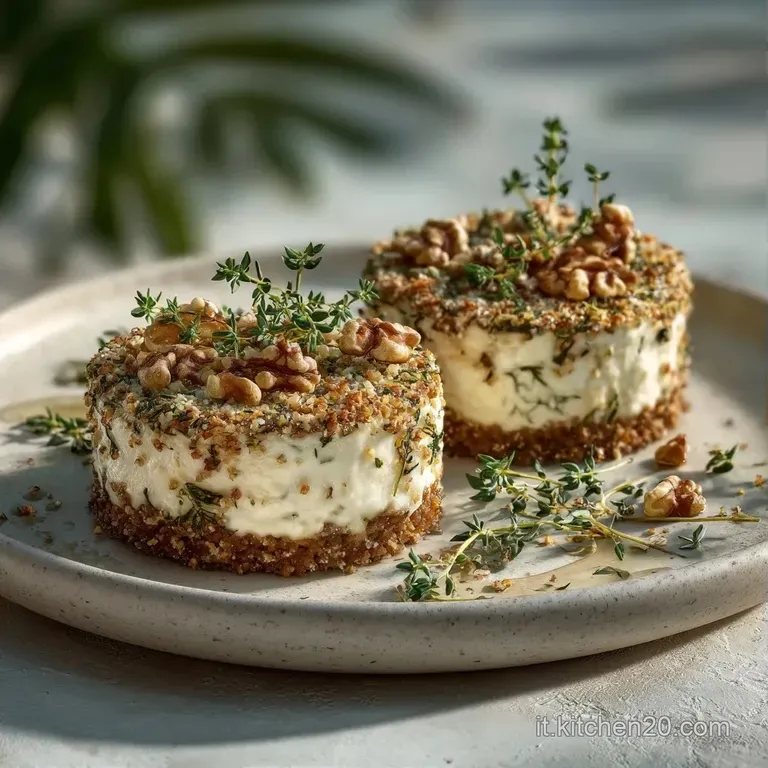 Elegante composizione di mousse di formaggio vellutata su un piatto scuro, con noci croccanti e un rametto di timo fresco.