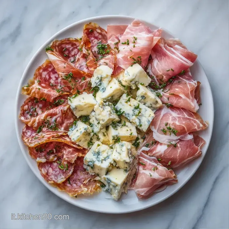 Sottili fette di prosciutto rosate disposte a rosette su piatto bianco, con gocce d'olio dorato e un rametto di rosmarino.