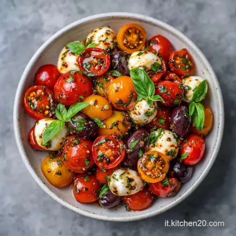 Composizione curata di sfere di formaggio bianco e pomodori ciliegino rossi su piatto bianco con un filo d'olio.