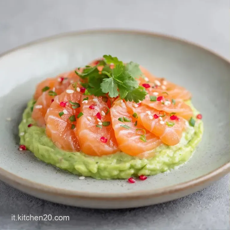 Composizione raffinata con cubetti di salmone lucido e avocado morbido, guarniti con erbe fresche e gocce di olio.