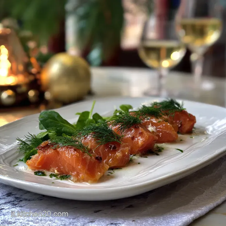 Elegant salmon appetizer: delicate layers of fish, creamy cheese, and colorful veggies, garnished with fresh herbs, ready ...