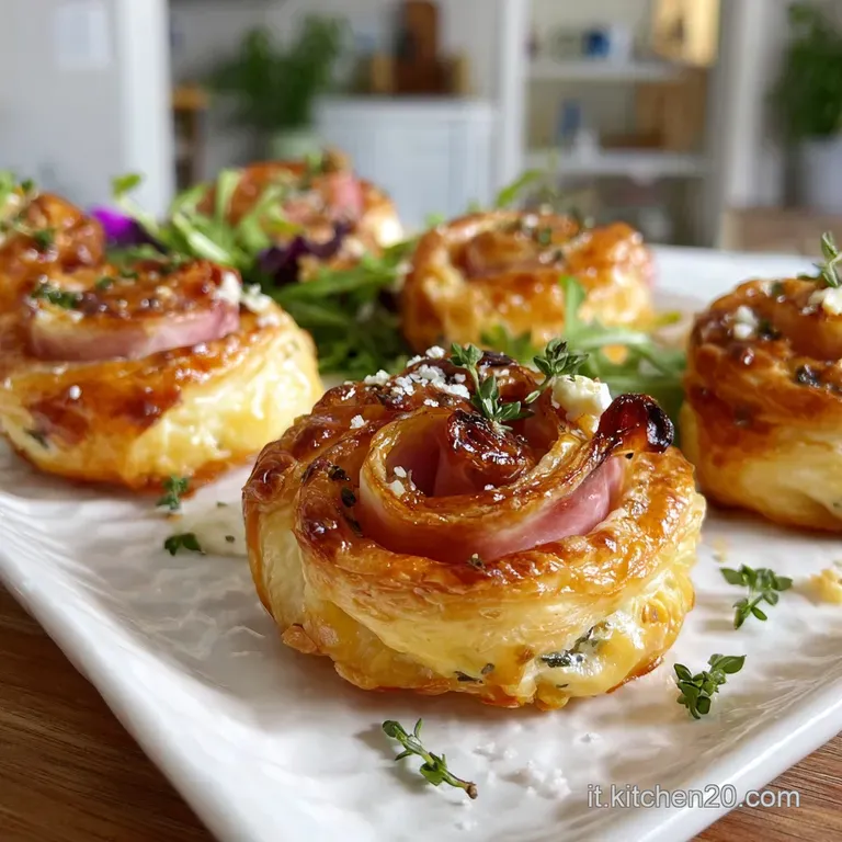 Elegant antipasto plate: layered puff pastry bite topped with rosy prosciutto, pearly mozzarella, and emerald basil, drizz...