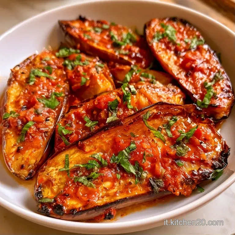 Due melanzane ripiene disposte con cura su piatto ceramica, contrasto tra viola scuro, rosso vivace e bianco crema.