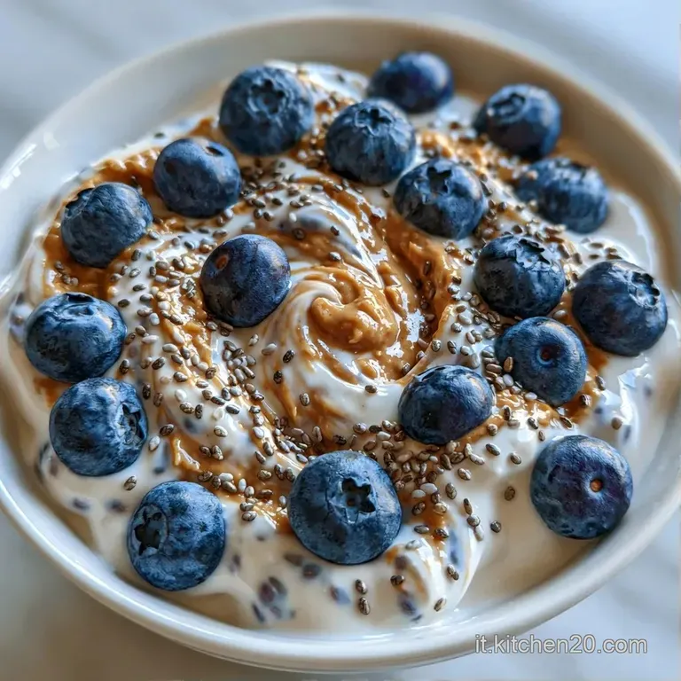 Ciotola bianca con yogurt denso, fette di banana disposte a raggio, mirtilli freschi e scaglie di mandorle tostate.
