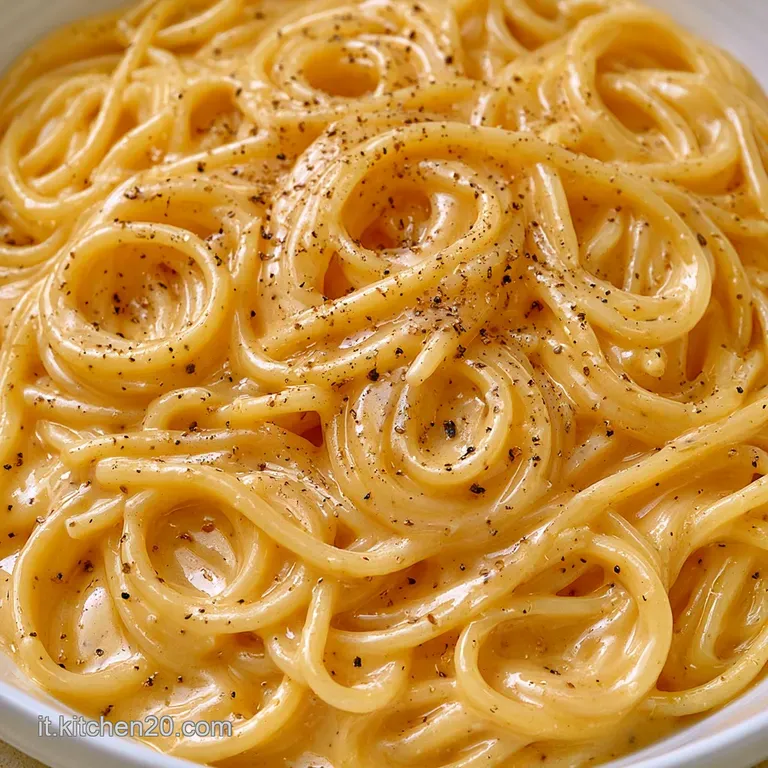 Nido di spaghetti avvolti in una salsa vellutata giallo paglierino, con spolverate di pepe nero su fondo bianco.