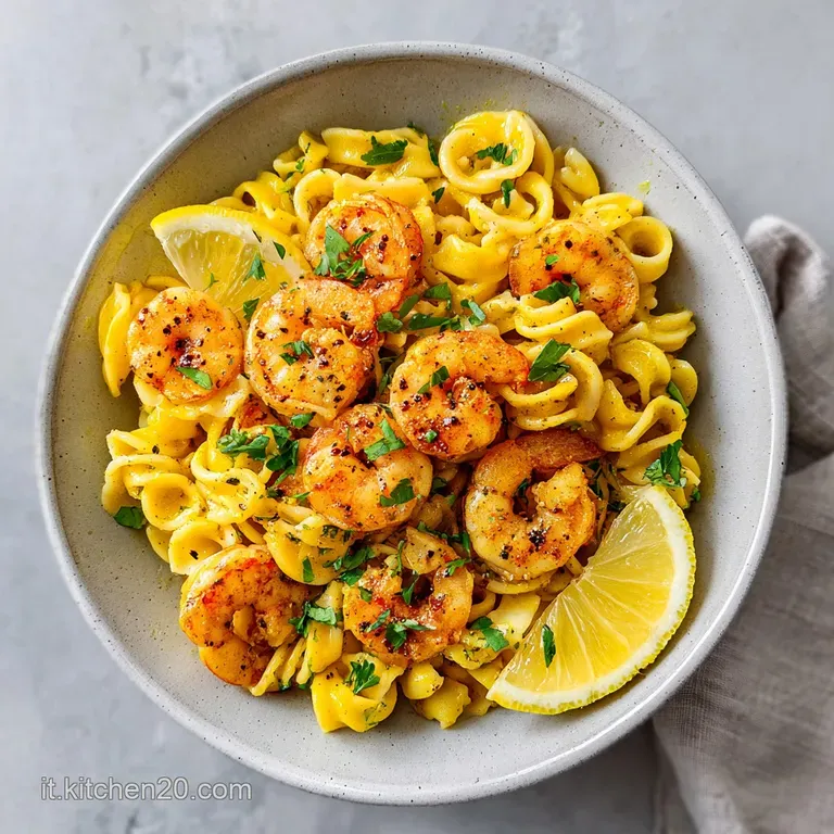 A twirl of calamarata pasta glistening with lemon sauce, succulent shrimp, and herbs, artfully plated in a shallow bowl.