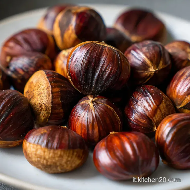 Glossy, deep brown chestnuts, artfully arranged in a rustic bowl. Wisps of steam suggest a warm, comforting snack.