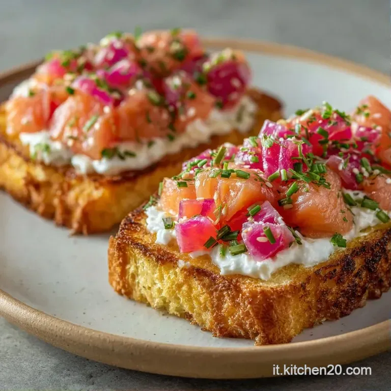 Composizione elegante di tartine con salmone rosato, base croccante e decorazioni verdi su un vassoio di ceramica.