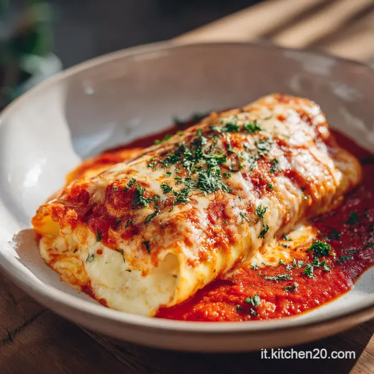 Due cannelloni disposti con cura, coperti da besciamella cremosa e crosticina ambrata, guarniti con foglie di basilico.