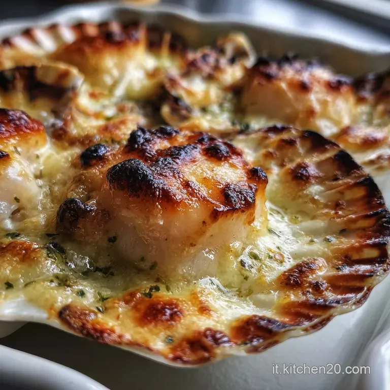Plated scallops gratin&eacute;, nestled in their shells, glistening under a broiler's warmth, hinting at a rich and tender bite.