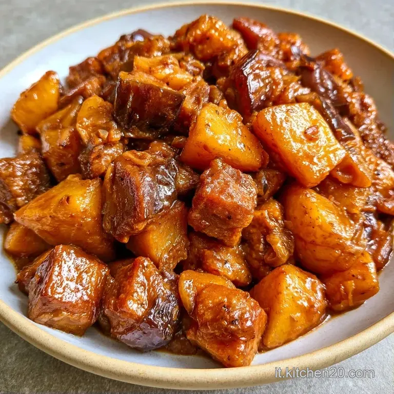 Composizione curata di verdure caramellate dai toni ambrati in un piatto bianco, con un filo d'olio e foglie di menta fresca.