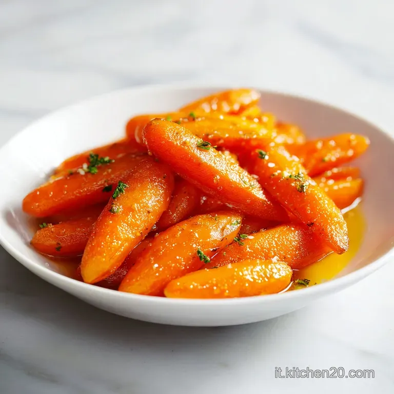 Elegant plate of honey-glazed carrots: tender orange slices glistening with a light, syrupy coating, garnished with fresh ...