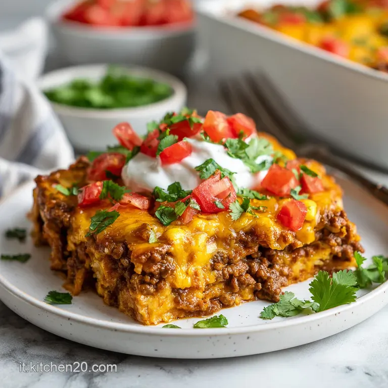 A vibrant serving of Mexican beef casserole, oozing cheese, garnished with cilantro, presented in a rustic ceramic dish.