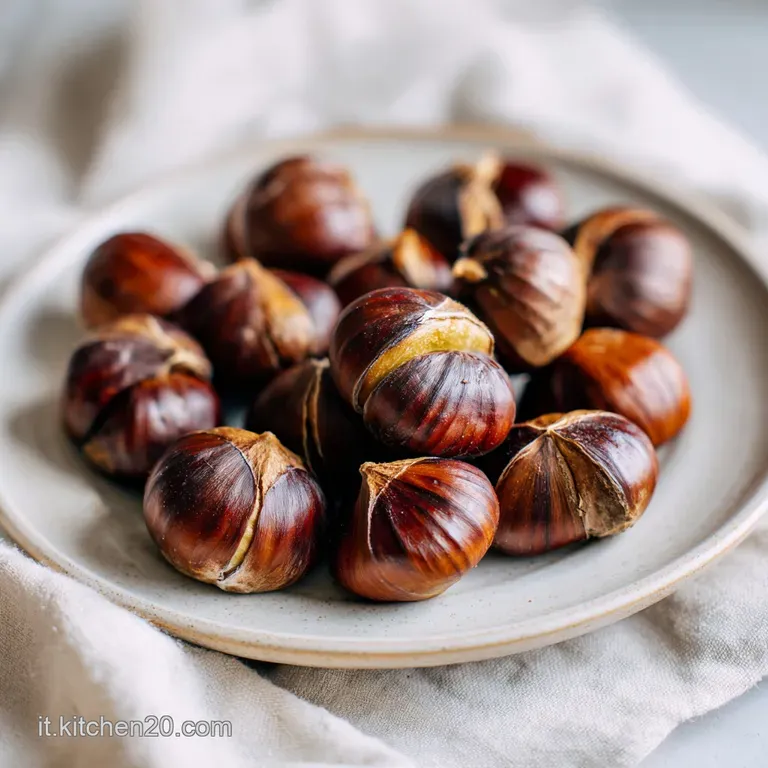 A neat pile of steaming, fork-tender roasted chestnuts presented in a rustic woven basket, invitingly warm.