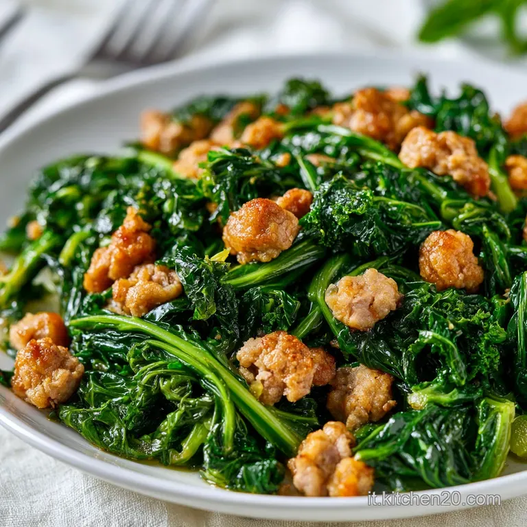 Composizione curata di foglie di cavolo nero scuro e salsiccia croccante, rifinite con un filo d'olio lucente.