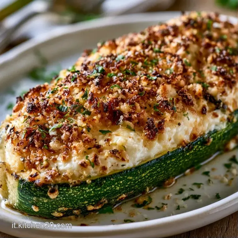 Composizione raffinata di zucchine croccanti disposte a raggiera con cuore di ricotta vellutata e menta fresca.