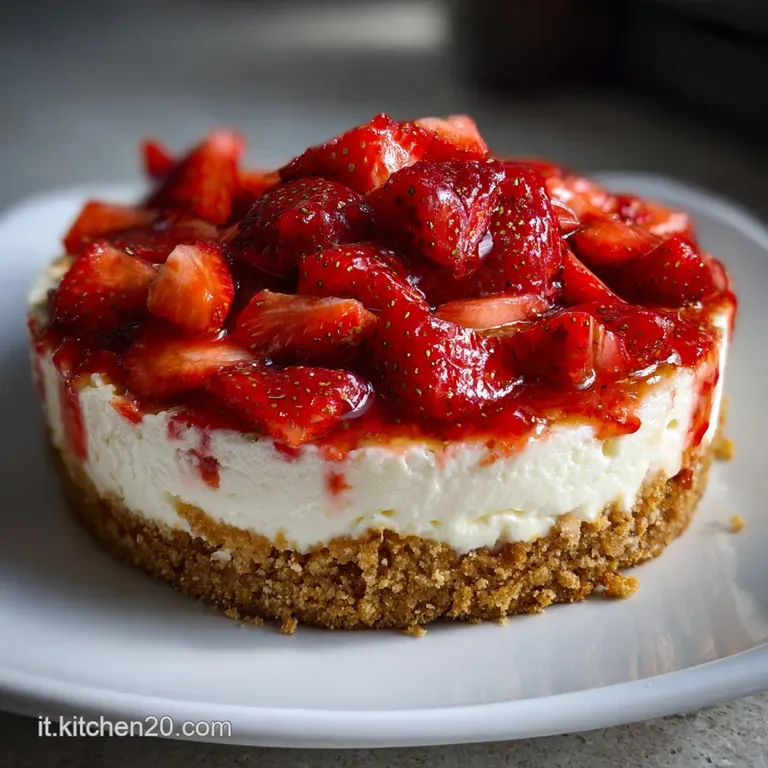 Slice of silky cheesecake elegantly plated, vibrant red strawberries and creamy white filling are appealing against a marb...