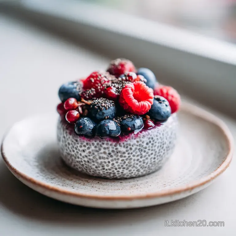 Chilled chia pudding artfully layered in a bowl, garnished with fresh berries and edible flowers.
