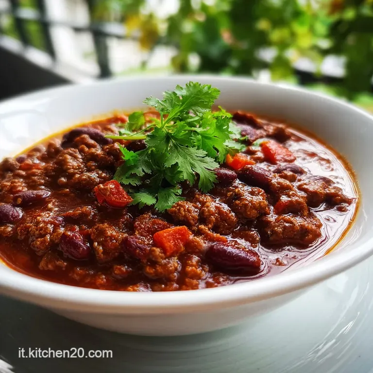 A steaming bowl of hearty chili, garnished with a dollop of sour cream and a sprinkle of vibrant green scallions, inviting...