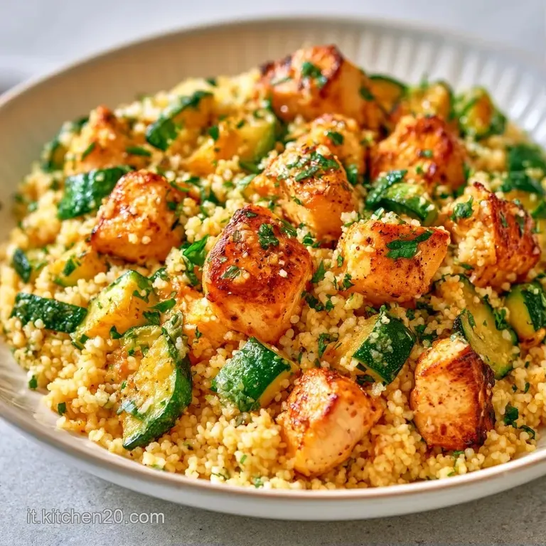 Composizione curata di couscous sgranato, pezzi di pollo tenero e erbe fresche su un piatto di ceramica bianca lucida.