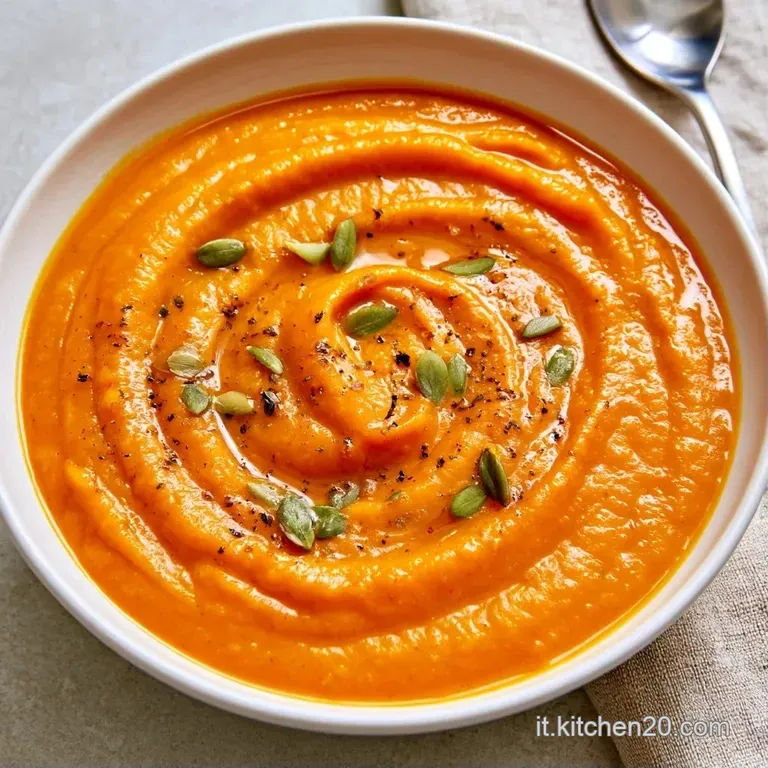 Crema densa color ocra servita in un piatto fondo, decorata con un filo d'olio a crudo e foglioline di salvia fresca.
