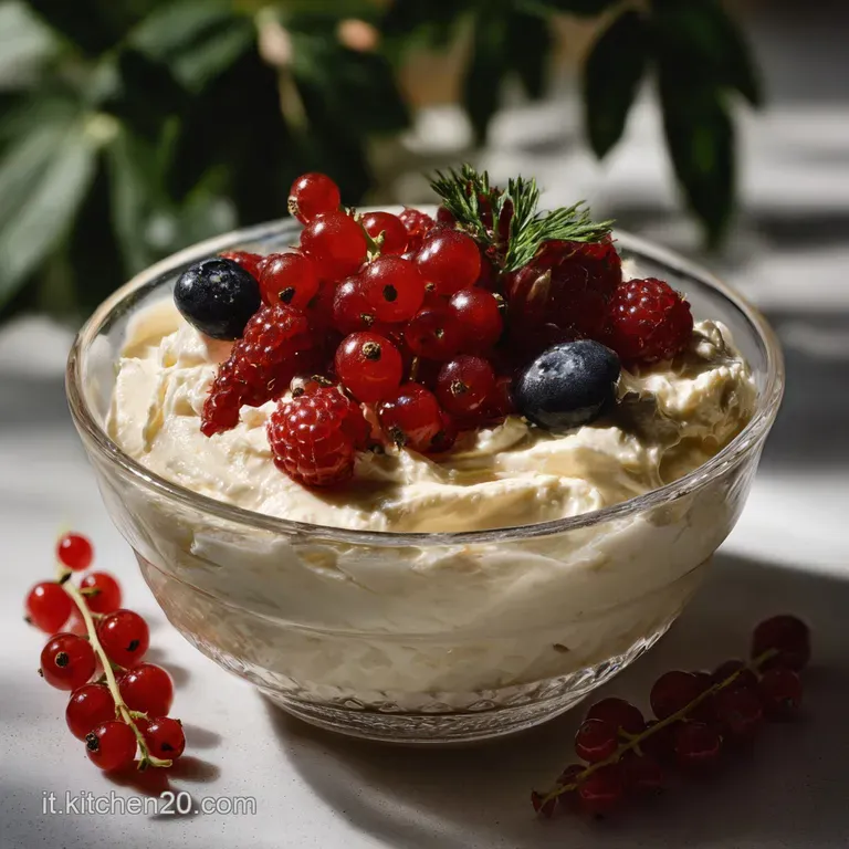 A velvety, pale-yellow cream artfully swirled in a glass. The smooth texture is contrasted by a garnish of dark chocolate ...