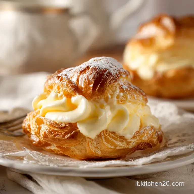 A delicate swirl of pale yellow crema pasticcera dusted with powdered sugar, served in a clear glass dish.