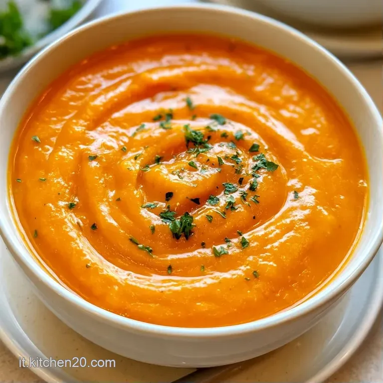Crema densa color zucca servita in un piatto fondo, decorata con un filo di crema di latte e crostini dorati.