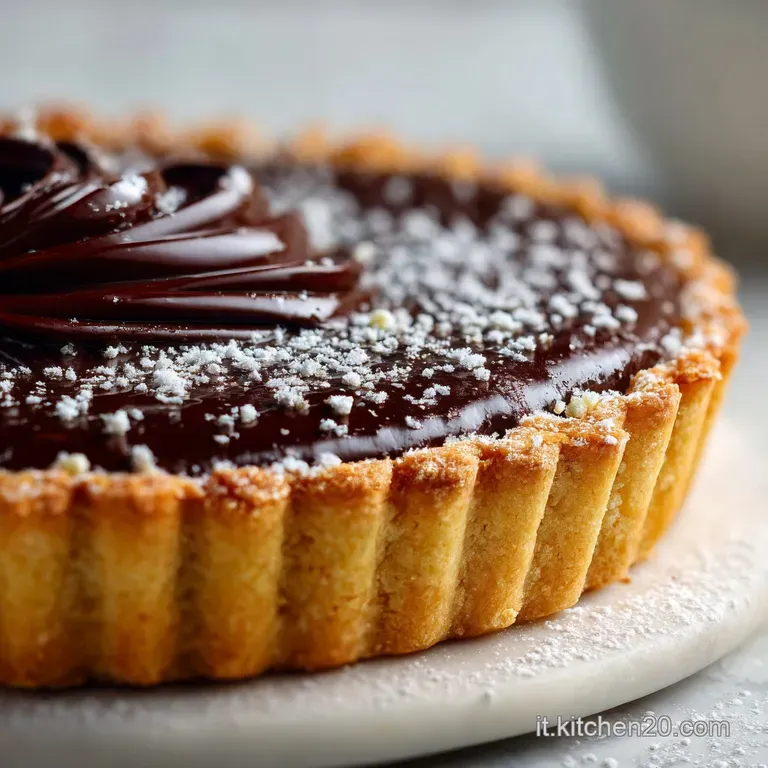 Slice of chocolate ricotta crostata revealing a creamy, dark filling and set atop a white plate. Powdered sugar garnish.