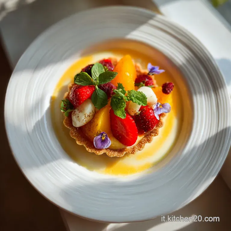 Elegant slice of layered crostata, rich custard and sponge cake visible, dusted with cocoa and garnished with delicate can...