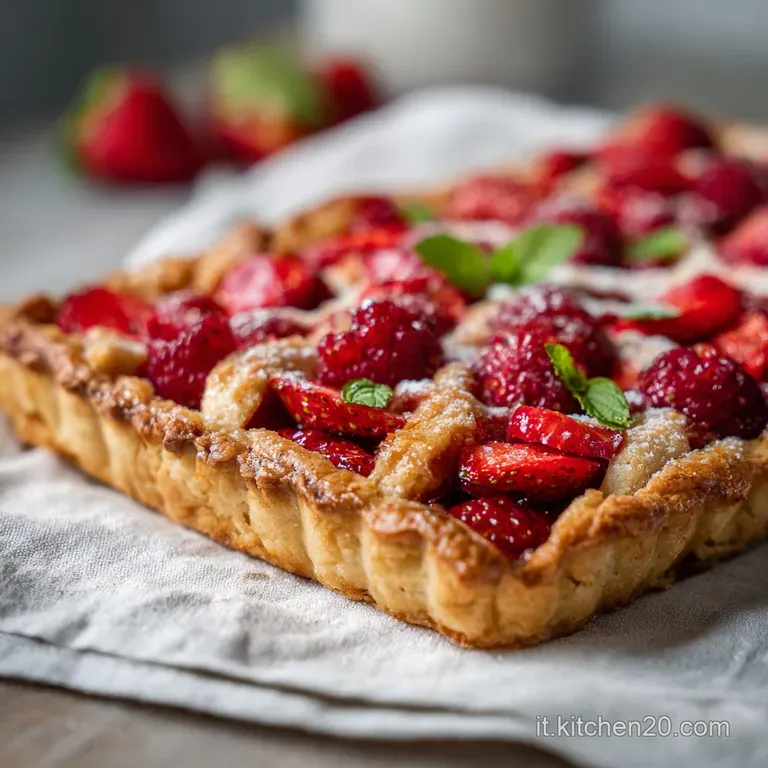 Slice of golden crostata with visible fruit filling on a white plate, dusted with powdered sugar. Appetizing, textural, a...