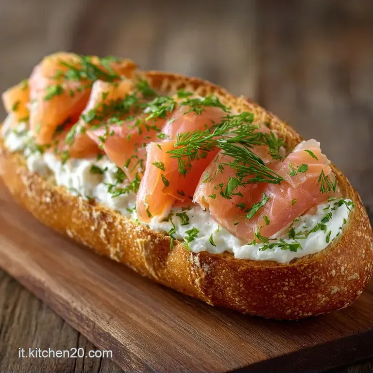 File di crostini tostati su piatto bianco, contrasto tra l'arancione vivo del pesce e il bianco candido della crema.