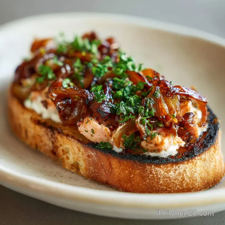 Crostini arranged on a slate board, tuna and onion topping glistening under warm light. A sprig of parsley adds a pop of v...