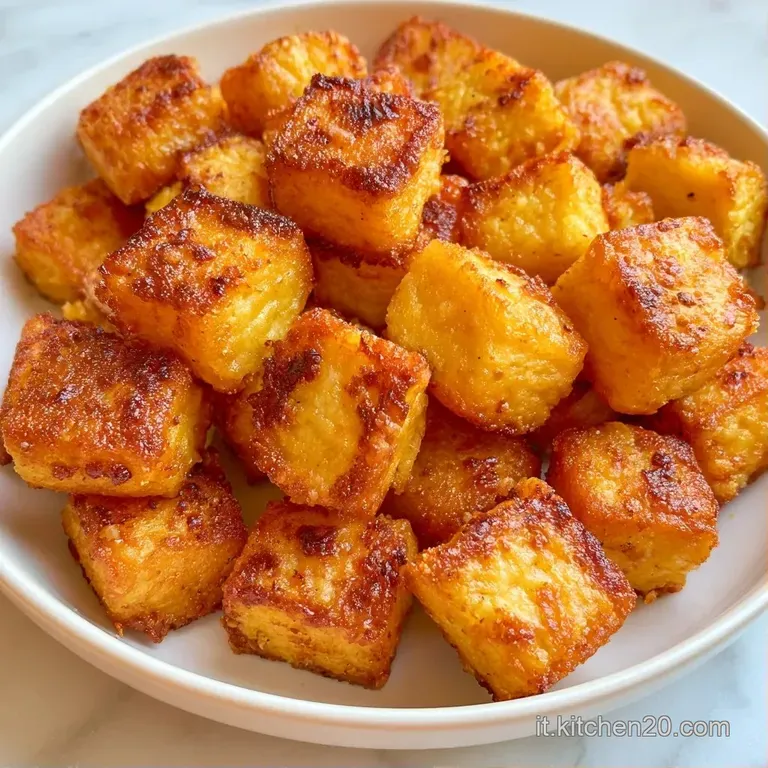 Cubetti dorati impilati con cura su ceramica opaca, completati da un filo d'olio lucido e un rametto di erba aromatica.