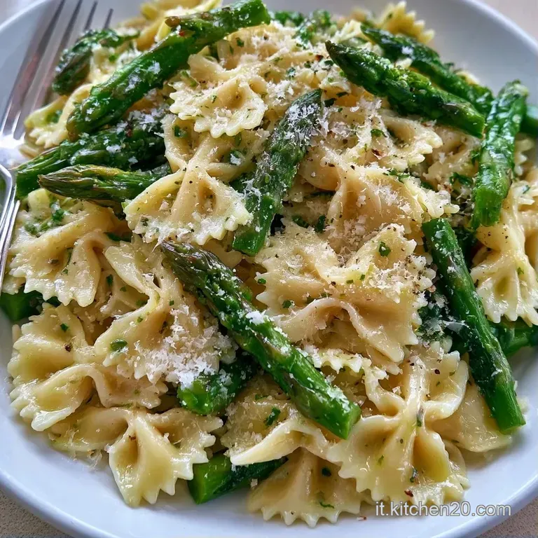 Piatto di ceramica con farfalle cremose, punte di asparagi verdi croccanti e una spolverata di pepe nero macinato fresco.