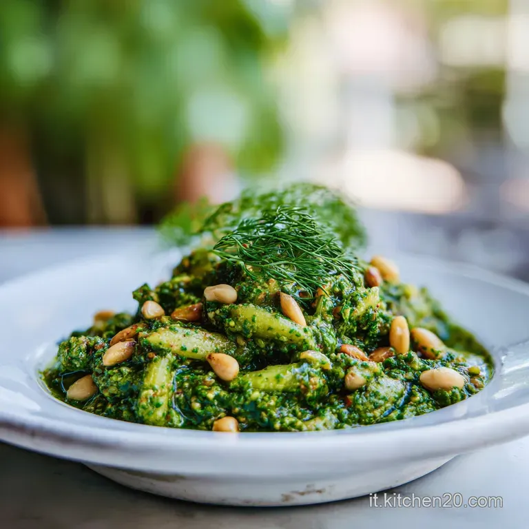 Elegant portion of emerald pasta artfully twirled on a plate, garnished with golden pine nuts and a drizzle of olive oil.