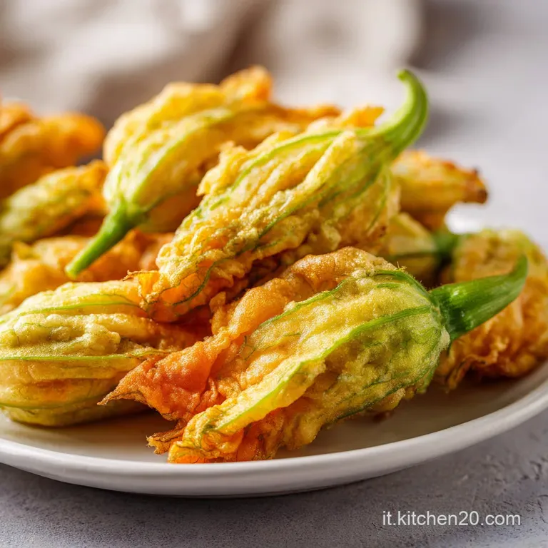 Three delicate, golden-brown zucchini flowers, stuffed and fried, artfully arranged on a white plate with a vibrant green ...