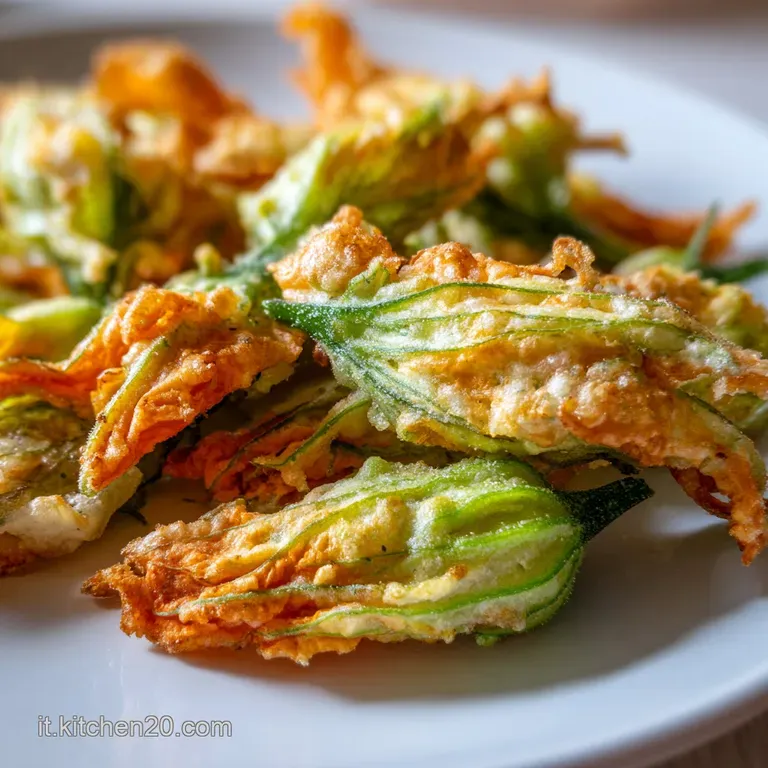 Delicate fried zucchini blossoms are artfully arranged on a white plate, dusted with herbs, suggesting a light, flavorful ...