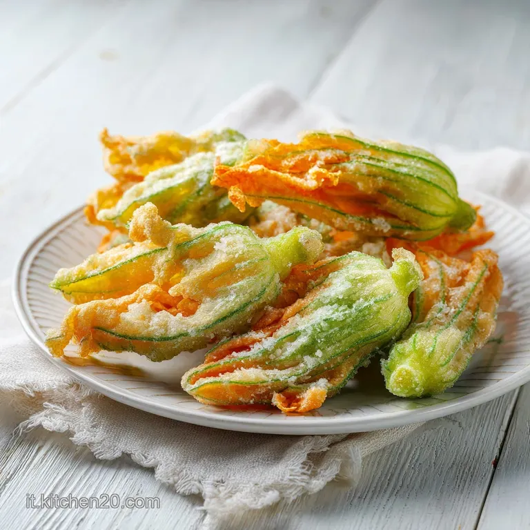 Delicately fried zucchini flowers arranged artfully on a rustic ceramic dish, showcasing their vibrant yellow hues.