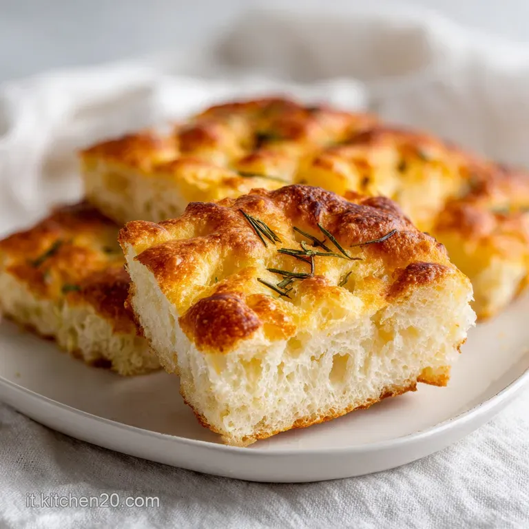 Slices of airy focaccia, golden crust and soft interior, arranged on a rustic wooden board with herbs and dipping oil, inv...
