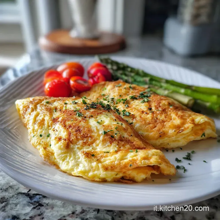 Slice of fluffy frittata on a white plate, vibrant green herbs sprinkled on top. Light, airy texture visible in the cut.