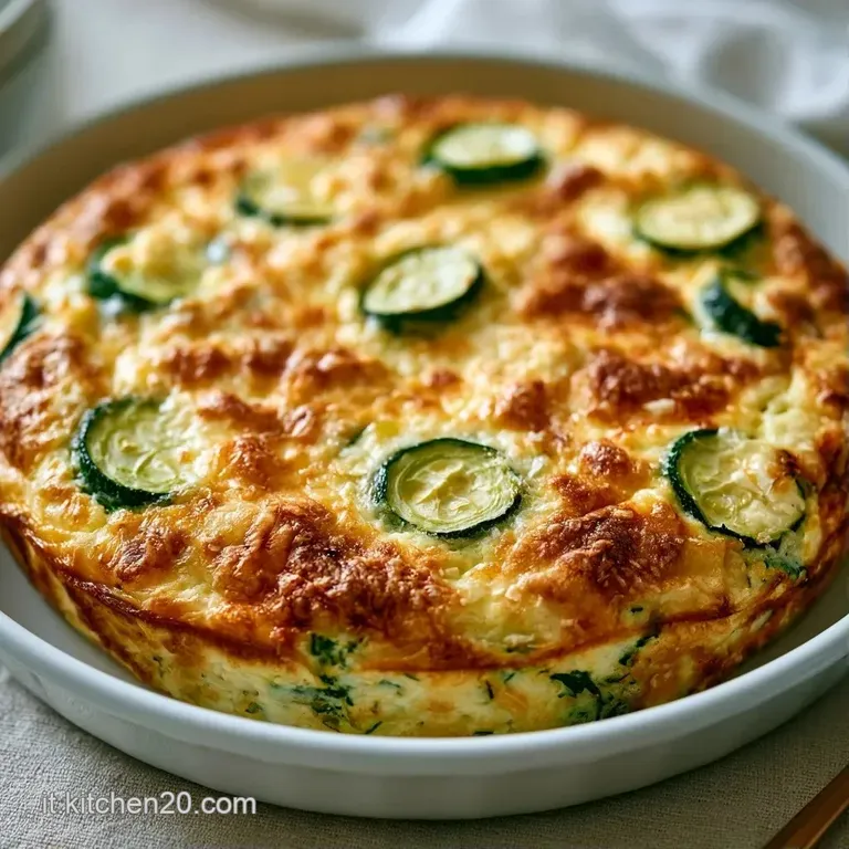 Fetta di frittata soffice su piatto bianco, decorata con foglie di basilico fresco e un filo d'olio lucido dorato.
