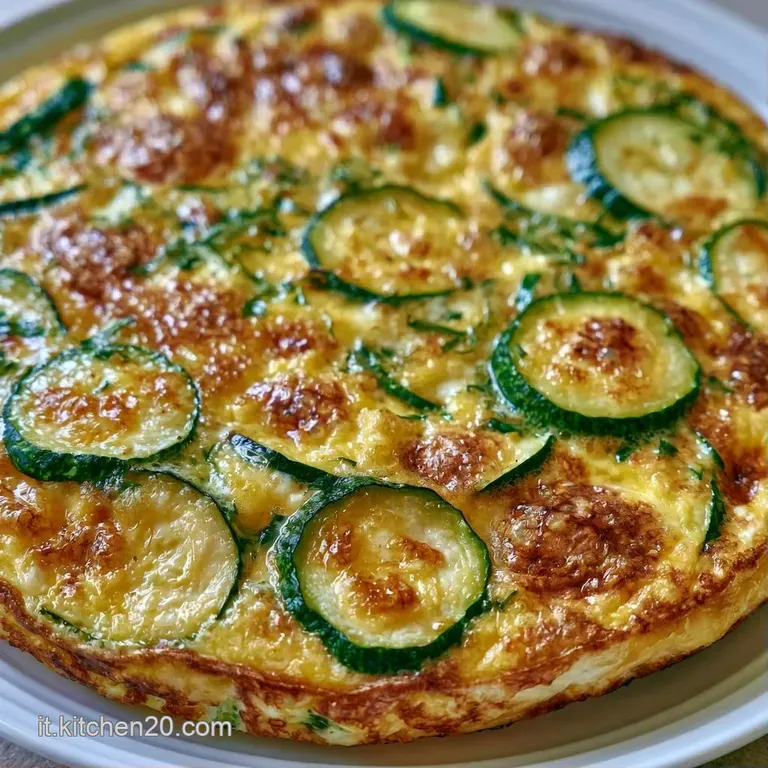 Una fetta di frittata soffice su piatto bianco, decorata con foglia di basilico e bordi ben rosolati e croccanti.