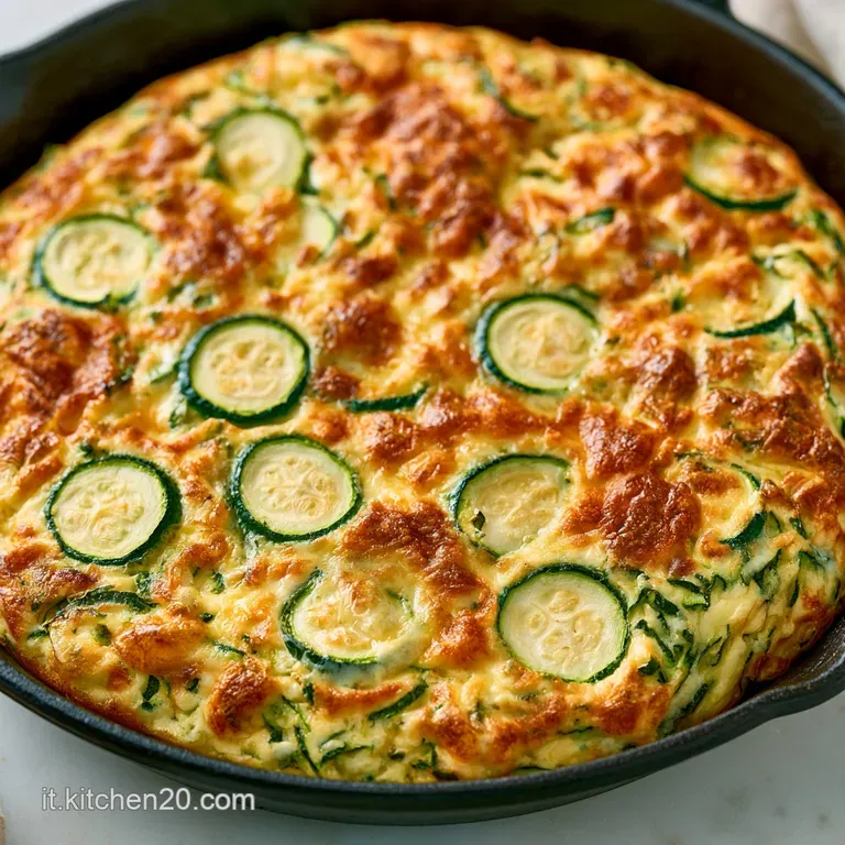 Una fetta di frittata soffice su piatto bianco, guarnita con erbe fresche e un filo d'olio lucido, luce naturale.