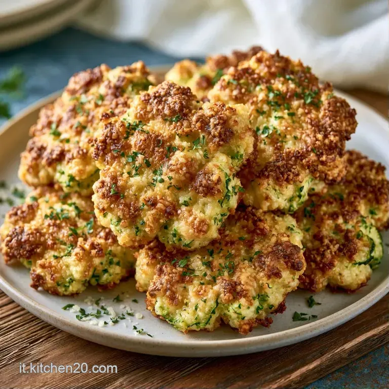 Frittelle dorate impilate con una crema bianca fresca e un rametto di prezzemolo su un piatto di ceramica moderno.