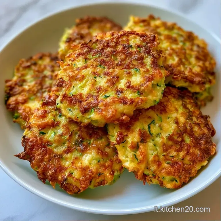 Frittelle dorate disposte con cura su un piatto bianco, guarnite con erbe aromatiche verdi e gocce di salsa densa.