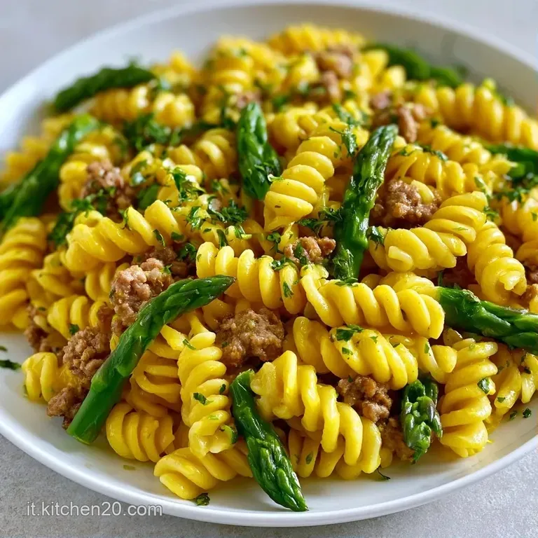 Piatto bianco con pasta cremosa giallo zafferano, asparagi verdi croccanti e briciole di salsiccia ben distribuite.
