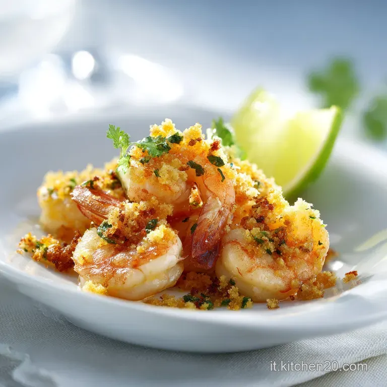 Elegant plate of plump, juicy shrimp drizzled with a vibrant lime sauce. Fresh herbs and chili provide pops of color.