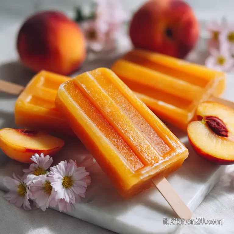 Elegant glass display with layered peach ice pops. Visible chunks of fruit frozen inside, light refracting through the sem...